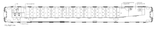 Grundriss des Liegewagen Bvcmz 249 der CityNightLine AG Grundriss des Liegewagen Bvcmz 249 der CityNightLine AG